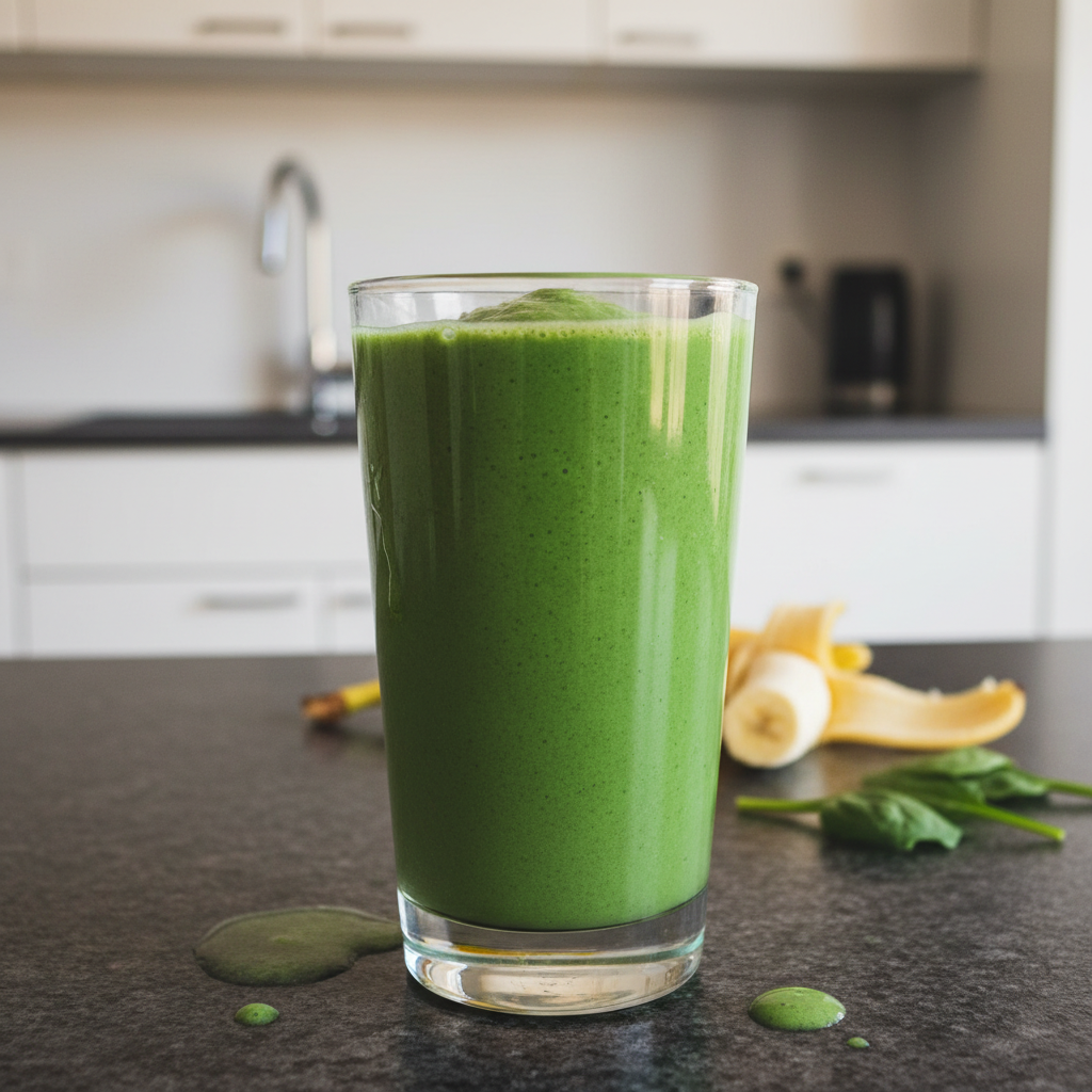 Silky Spinach Banana Smoothie: The Best Recipe (No Spinach Taste!) 2 A vibrant green Spinach Banana Smoothie in a clear glass, garnished with a fresh banana slice and a small spinach leaf.