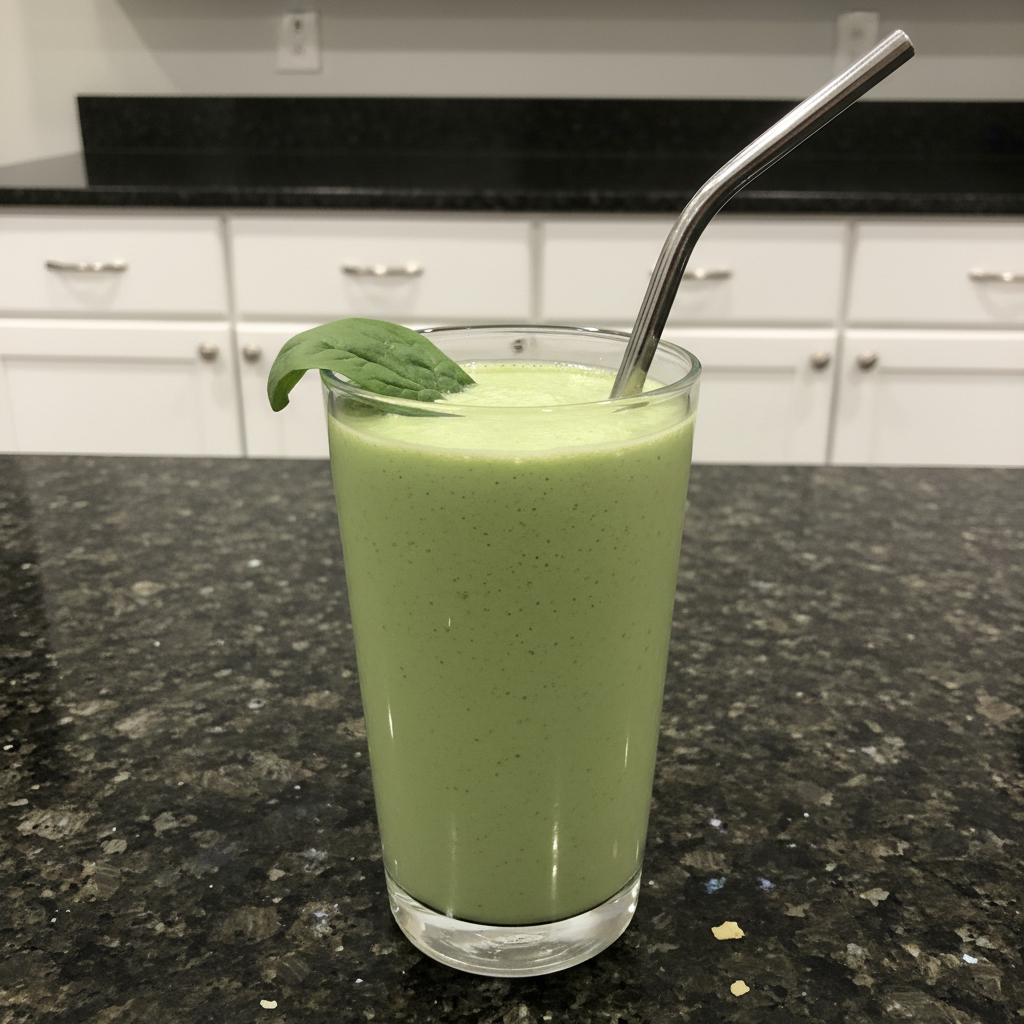 Ultra-Smooth Spinach Banana Smoothie: No Green Taste! 2 A vibrant green Spinach Banana Smoothie in a tall glass, garnished with a banana slice and fresh spinach.