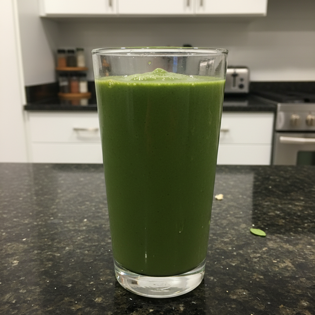 Spinach Banana Smoothie 2 A vibrant green spinach banana smoothie in a tall glass with a straw, ready to drink.