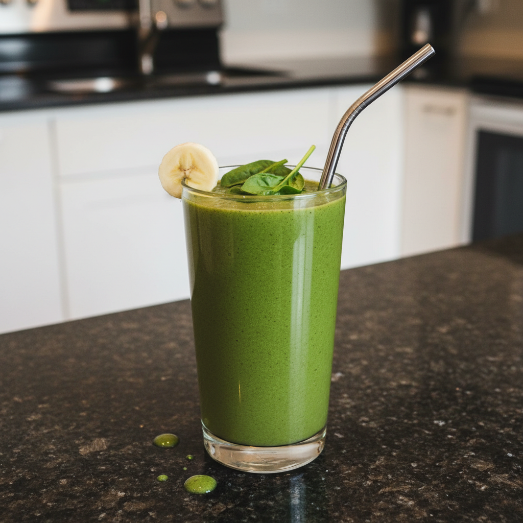 Ultimate Spinach Banana Smoothie: Ginger & Cinnamon Boost 2 A vibrant green Spinach Banana Smoothie in a glass, topped with fresh banana slices and a sprig of mint.