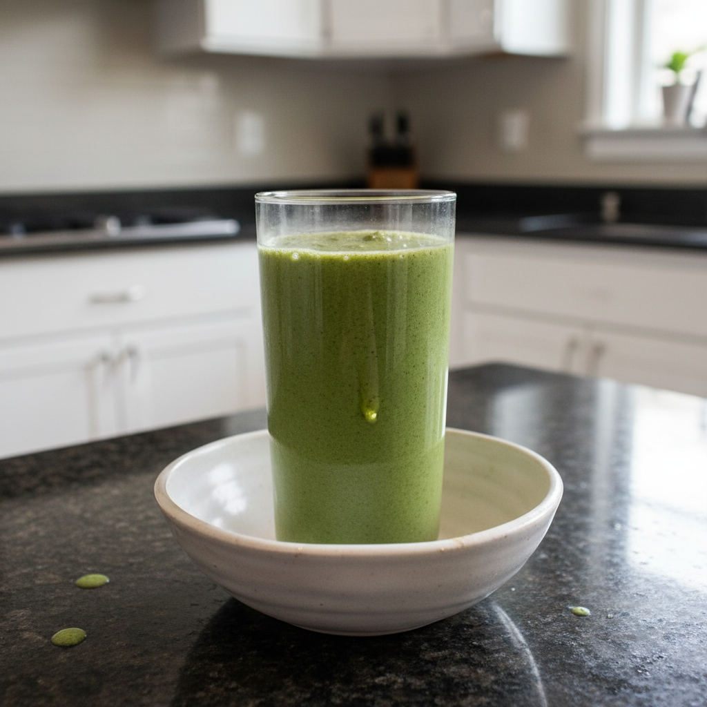 Bright & Creamy Spinach Banana Smoothie (Secret Citrus Twist!) 2 A vibrant green Spinach Banana Smoothie in a clear glass with a straw, garnished with a fresh banana slice.