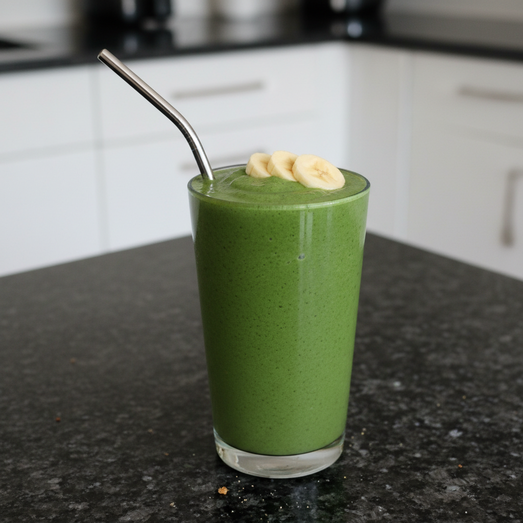 Spinach Banana Smoothie: The Ginger & Collagen Boost You Need 2 A vibrant green Spinach Banana Smoothie in a clear glass with a straw, garnished with fresh spinach leaves and banana slices.