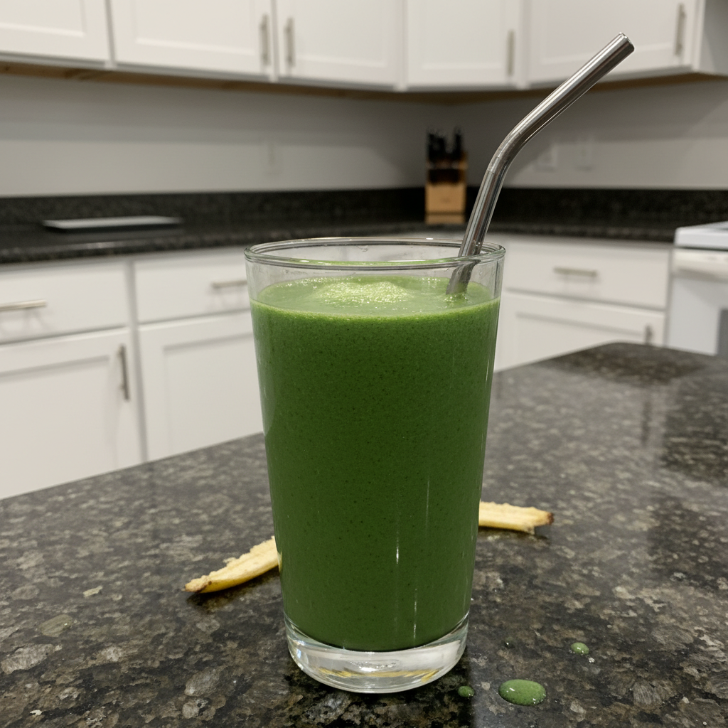 Creamy Spinach Banana Smoothie with Greek Yogurt (Easy & Healthy) 2 A vibrant green Spinach Banana Smoothie in a tall glass with a straw, garnished with a banana slice.