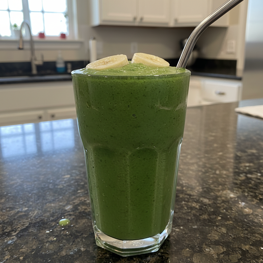 Creamy Spinach Banana Smoothie: The Ultimate Healthy Kickstart 2 A vibrant green spinach banana smoothie in a tall glass with a straw, garnished with a banana slice and a spinach leaf.
