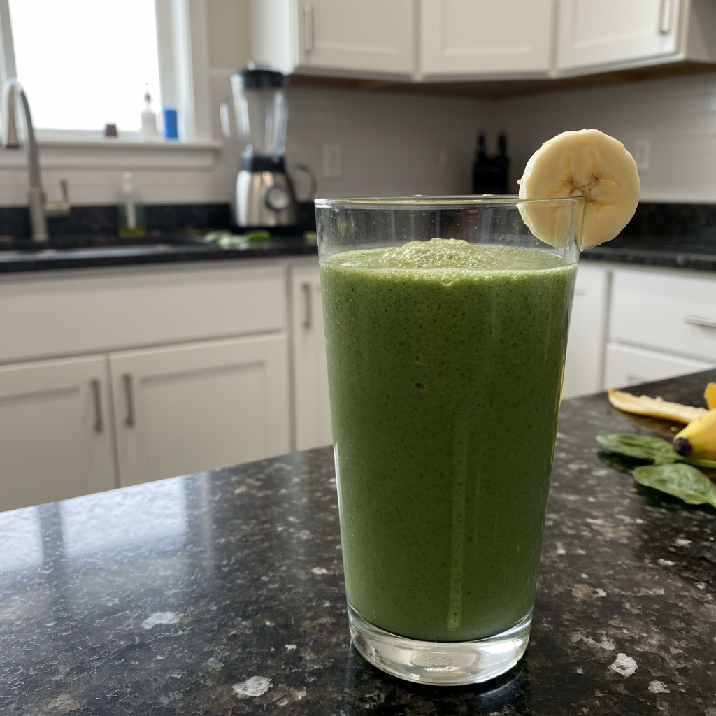 Creamy Spinach Banana Smoothie: The Ultimate Healthy Twist! 2 A vibrant green spinach banana smoothie in a tall glass with a straw, garnished with a banana slice.