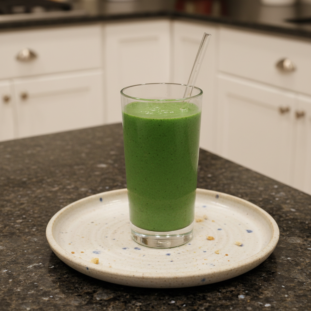 Spinach Banana Smoothie 2 A vibrant green spinach banana smoothie served in a clear glass with a straw, garnished with a banana slice.