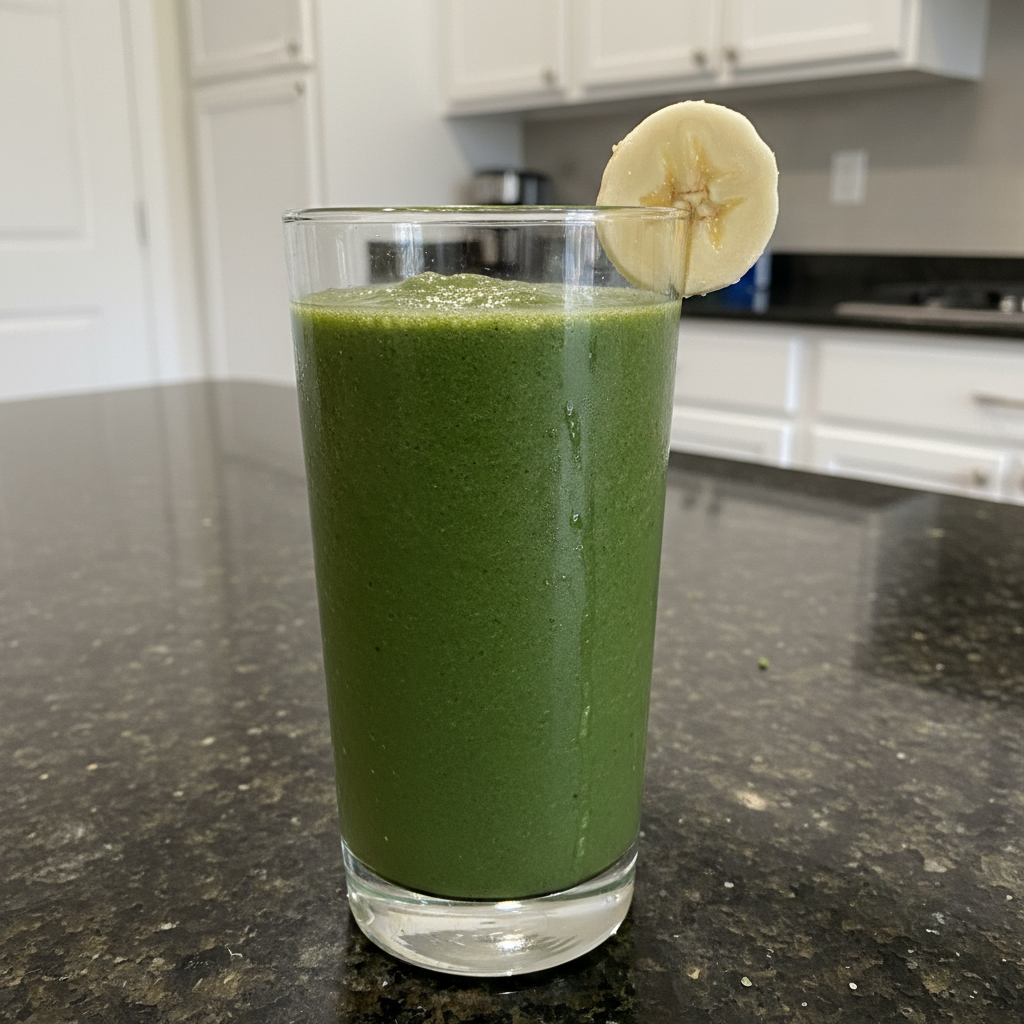 The Ultimate Spinach Banana Smoothie: Your New Go-To Healthy Blend 2 A vibrant green spinach banana smoothie in a tall glass with a straw, garnished with a fresh banana slice.