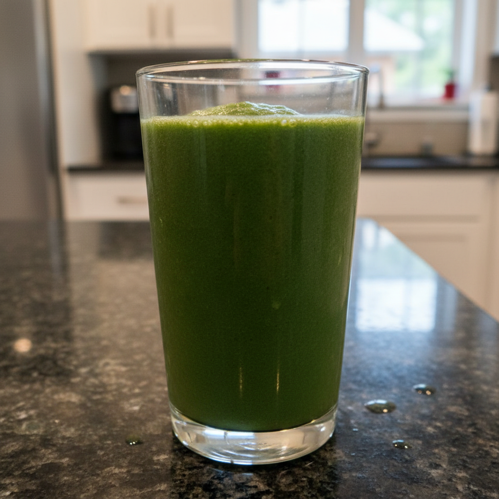 Spinach Banana Smoothie: The Ginger-Oat Twist 2 A vibrant green spinach banana smoothie in a glass with a straw, garnished with a slice of banana. This healthy drink is refreshing.
