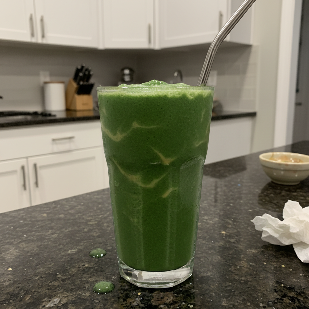Zesty Ginger Spinach Banana Smoothie 2 A vibrant green spinach banana smoothie in a tall glass with a straw, garnished with fresh mint leaves.
