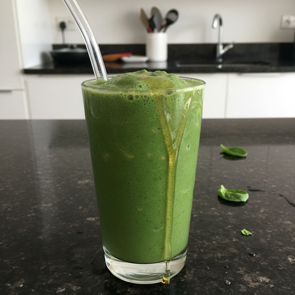 Spinach Banana Smoothie 2 A vibrant green spinach banana smoothie in a glass with a straw, garnished with a banana slice.