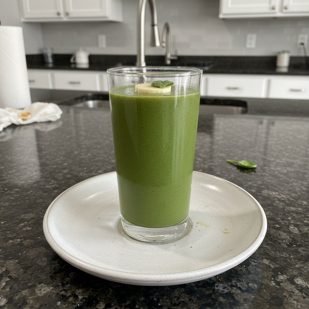 Spinach Banana Smoothie: The Ginger-Lime Twist for Ultimate Flavor 2 A vibrant green spinach banana smoothie in a clear glass with a straw, garnished with a mint leaf.