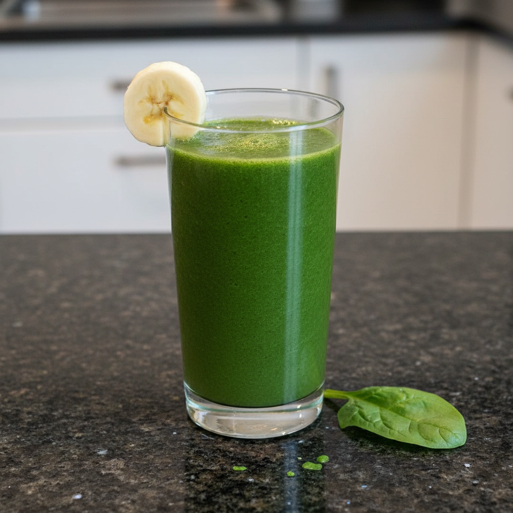 Creamy Spinach Banana Smoothie 2 A vibrant green spinach banana smoothie in a tall glass with a straw, garnished with fresh banana slices.