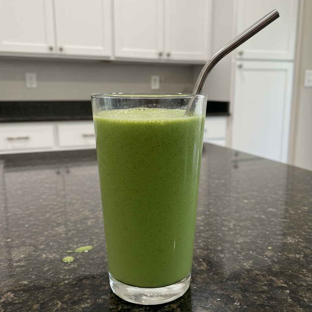 Creamy Spinach Banana Smoothie with Collagen & Lime Twist 2 A vibrant green spinach banana smoothie in a clear glass with a straw, garnished with fresh mint on a wooden table.