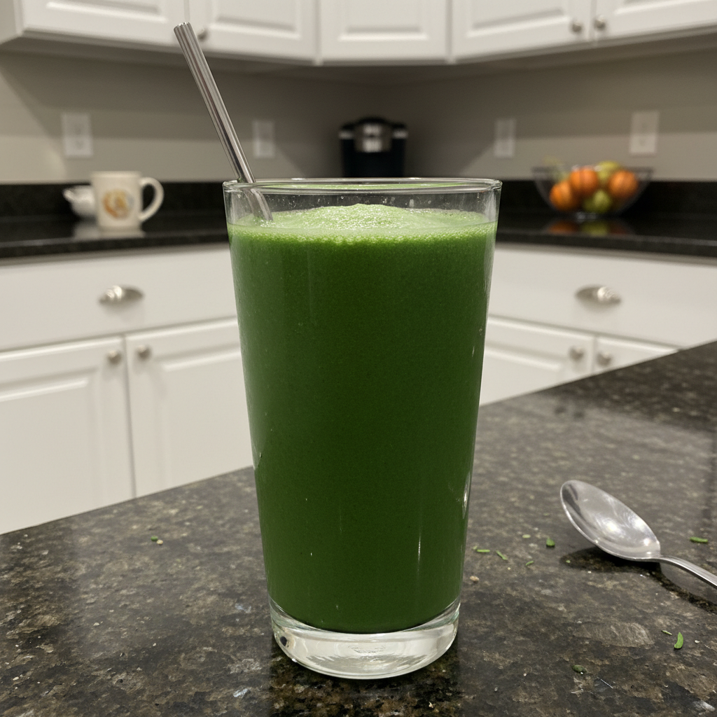 Spinach Banana Smoothie (No Spinach Taste!) – Thick & Creamy Recipe 2 A vibrant green Spinach Banana Smoothie in a clear glass with a straw, garnished with a banana slice and a mint leaf.