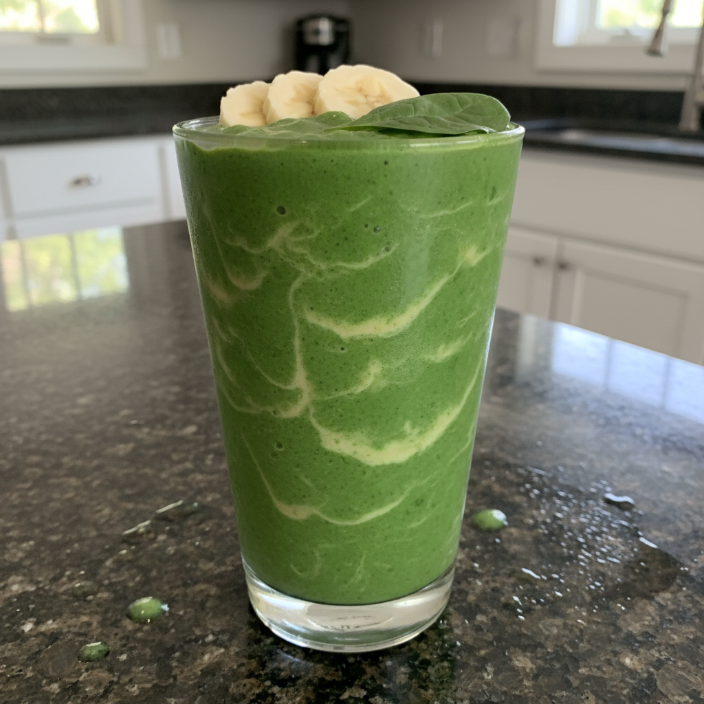 Ultra Smooth Spinach Banana Smoothie: No Grassy Taste! 2 A vibrant green Spinach Banana Smoothie in a clear glass with a straw, garnished with a banana slice.