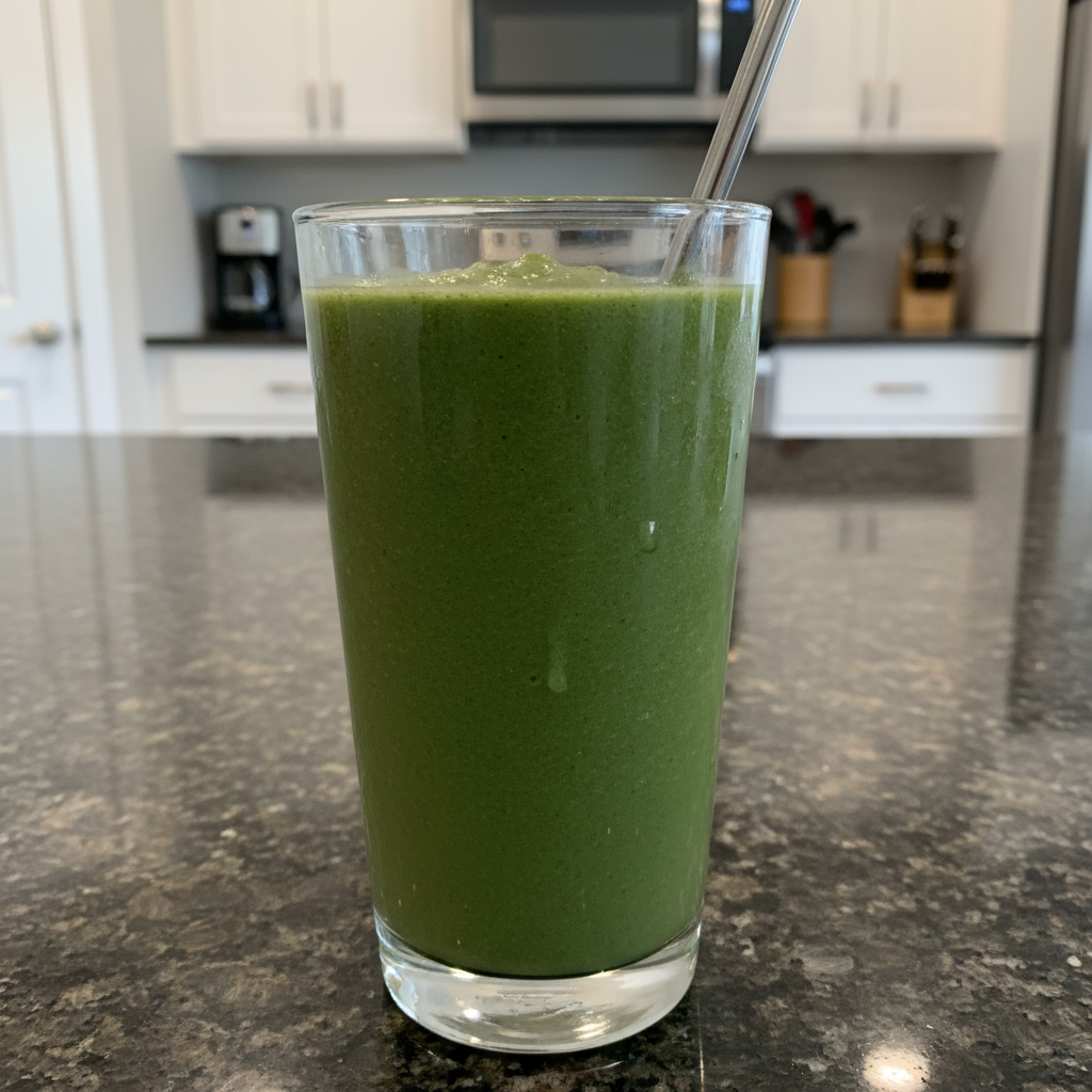 Spinach Banana Smoothie 2 A vibrant green Spinach Banana Smoothie in a tall glass, garnished with a spinach leaf and banana slice.