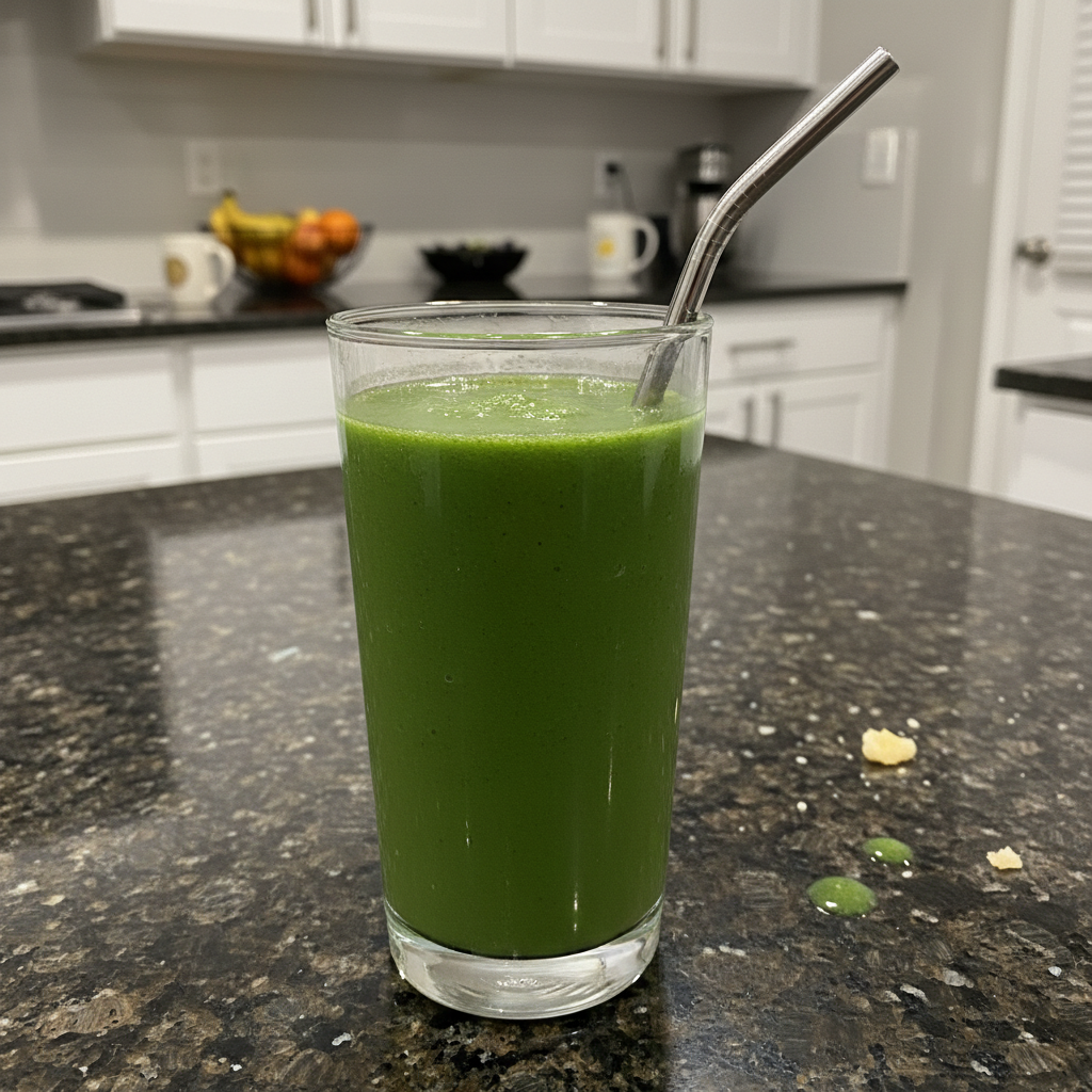 Silky Smooth Spinach Banana Smoothie (No Grit, Kids Love It!) 2 A vibrant green spinach banana smoothie in a tall glass with a straw, garnished with a fresh banana slice. This is a refreshing and healthy Spinach Banana Smoothie.