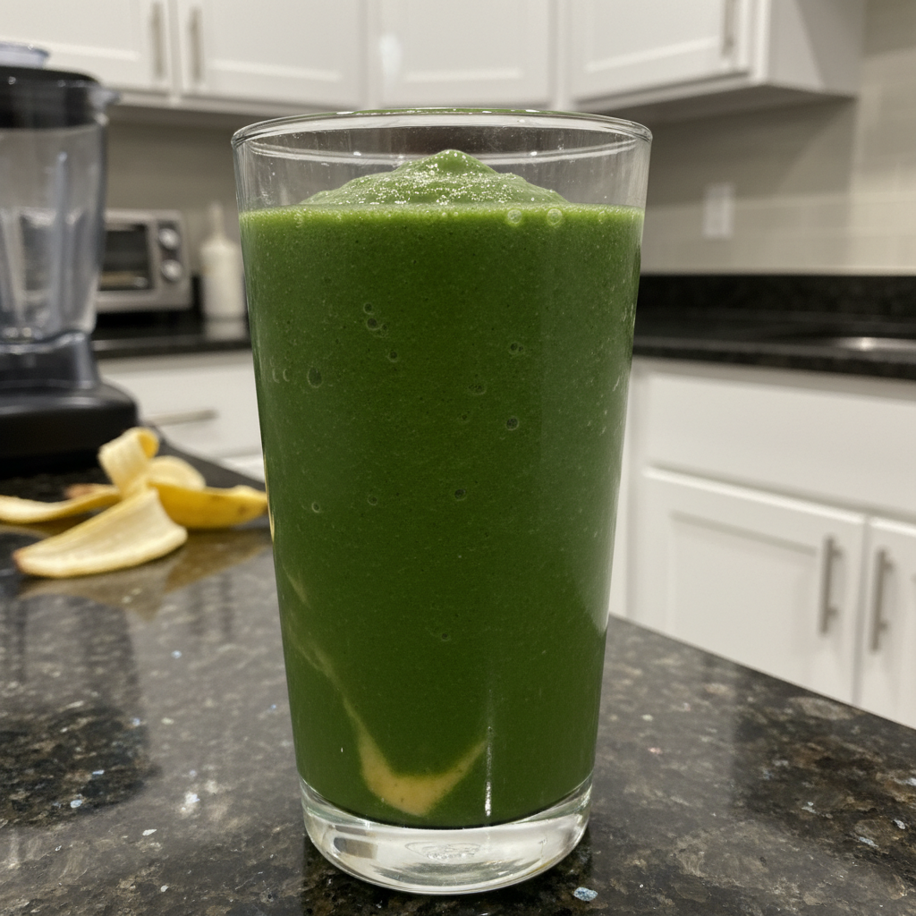 Spinach Banana Smoothie 2 A vibrant green Spinach Banana Smoothie in a tall glass with a straw, garnished with a spinach leaf and banana slice.