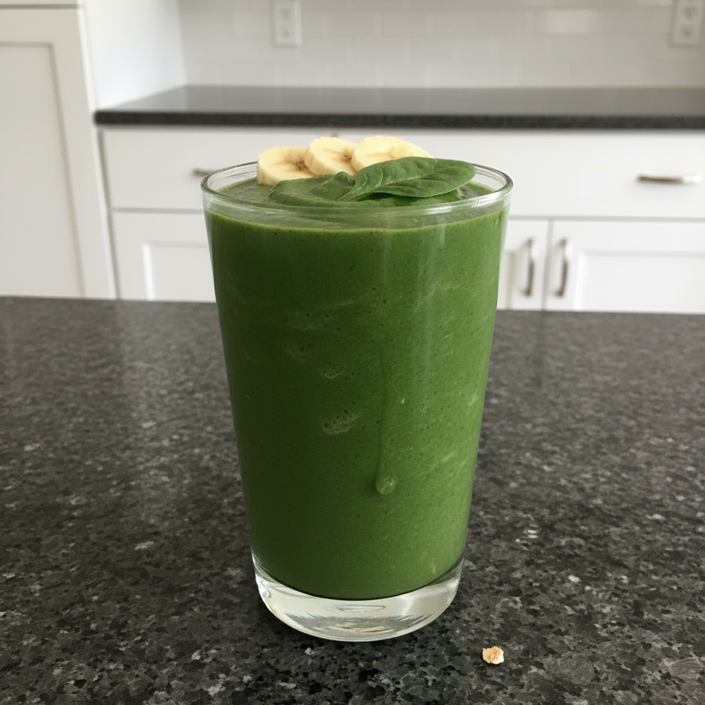 Ultimate Spinach Banana Smoothie: Sweet, Creamy & No Spinach Taste! 2 A vibrant green spinach banana smoothie served in a clear glass with a straw, ready to drink.
