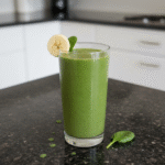 A vibrant green spinach banana smoothie in a tall glass, garnished with banana slices and a sprig of mint, ready to drink.