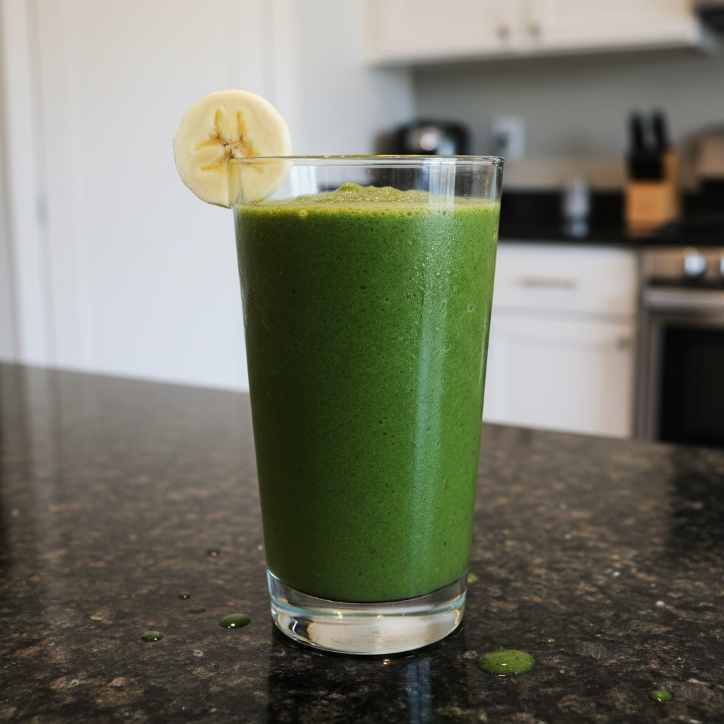 Spinach Banana Smoothie 2 A vibrant green Spinach Banana Smoothie served in a tall glass with a straw, garnished with a banana slice.