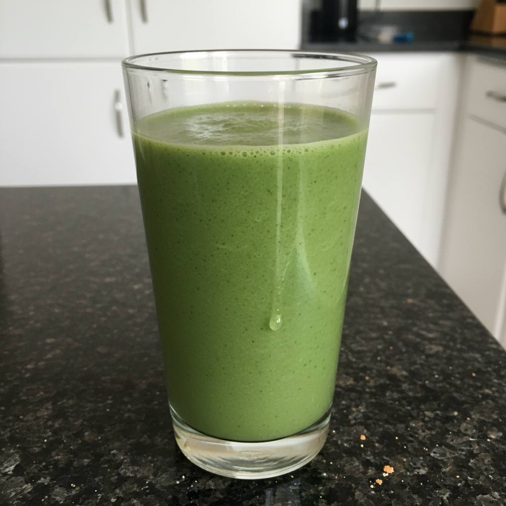 Delicious Spinach Banana Smoothie: The Zesty Secret Twist! 2 A vibrant green spinach banana smoothie in a tall glass with a straw, garnished with a fresh banana slice, ready to drink.