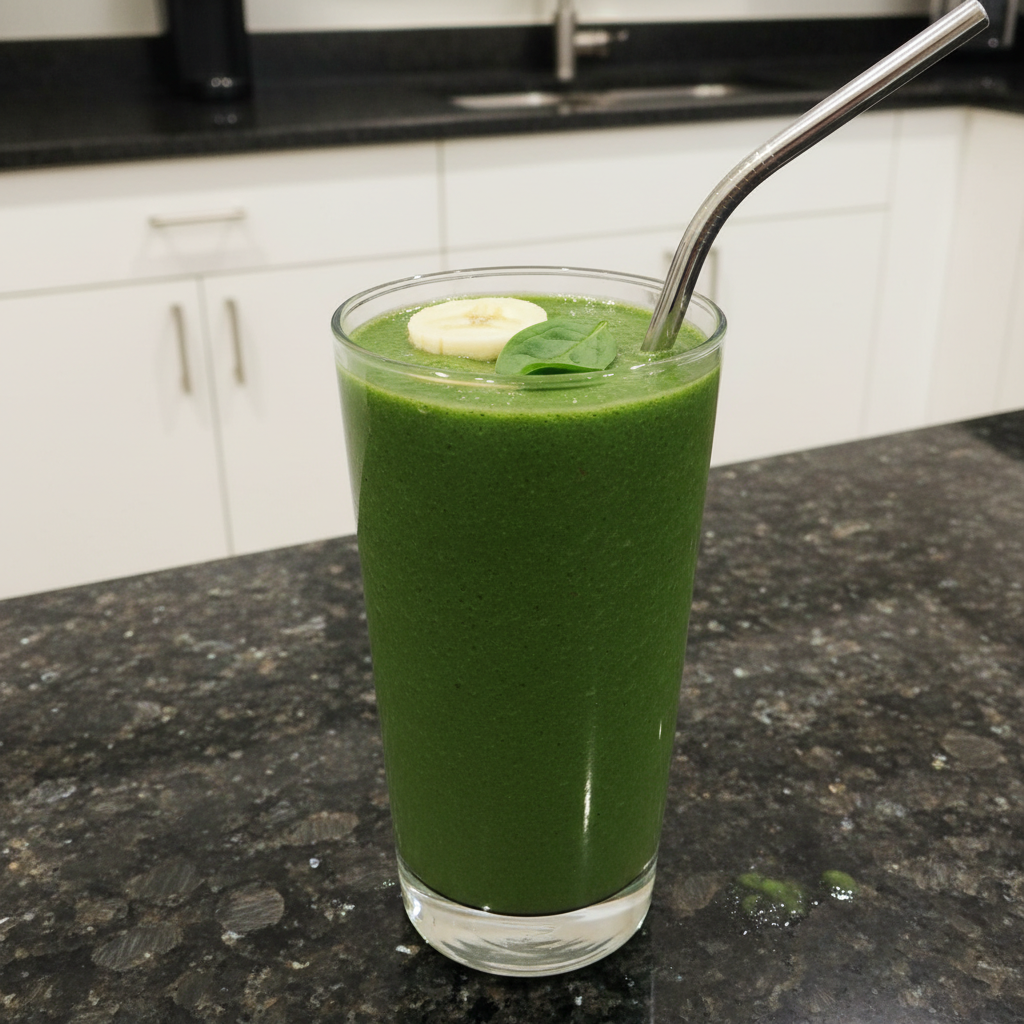 Best Spinach Banana Smoothie: Creamy, Healthy & No Green Taste! 2 A vibrant green spinach banana smoothie in a tall glass with a straw, garnished with a banana slice.