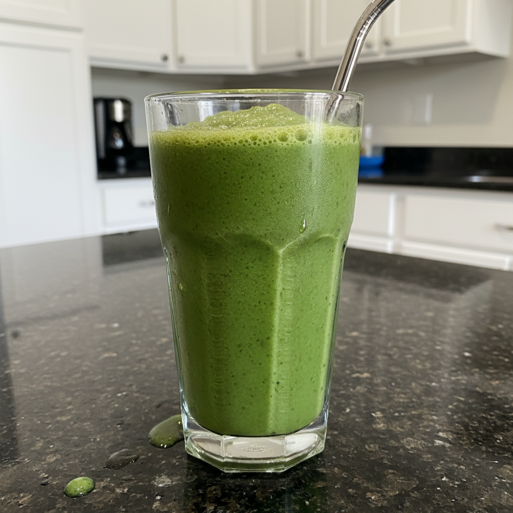 Ultra Creamy Spinach Banana Smoothie (No Gritty Taste!) 2 A vibrant green Spinach Banana Smoothie in a clear glass with a straw, garnished with fresh spinach leaves.