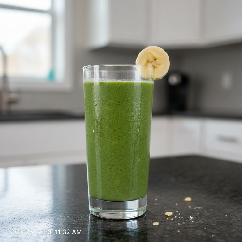 Creamy Spinach Banana Smoothie: The Best Healthy Recipe! 2 A vibrant green spinach banana smoothie in a glass with a straw, ready to drink.