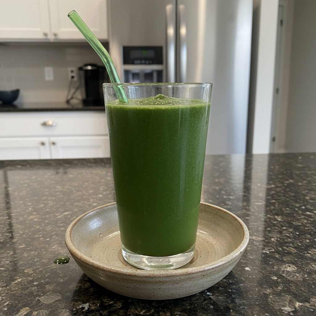 Spinach Banana Smoothie: Creamy, Healthy & Energizing Twist! 2 A vibrant green spinach banana smoothie in a glass with a straw, garnished with a banana slice.