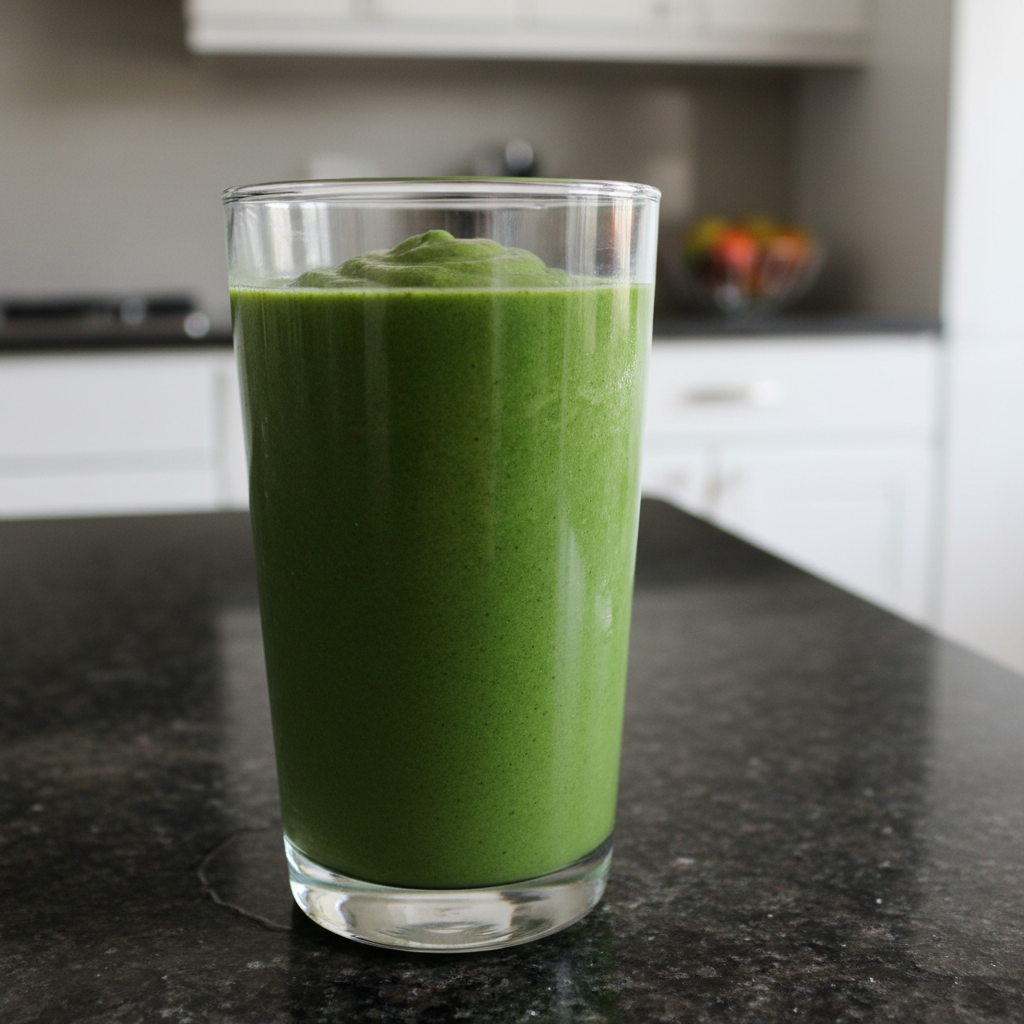 Spinach Banana Smoothie with Zesty Ginger-Lime Secret 2 A vibrant green spinach banana smoothie in a tall glass, garnished with a banana slice, ready to drink.