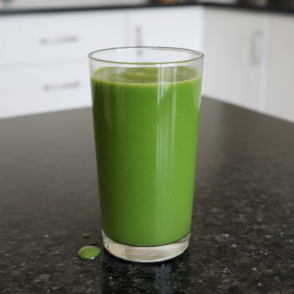 Spinach Banana Smoothie: Creamy, Healthy & Energizing Twist 2 A vibrant green spinach banana smoothie in a tall glass with a straw, garnished with a banana slice. This energizing drink is delicious.