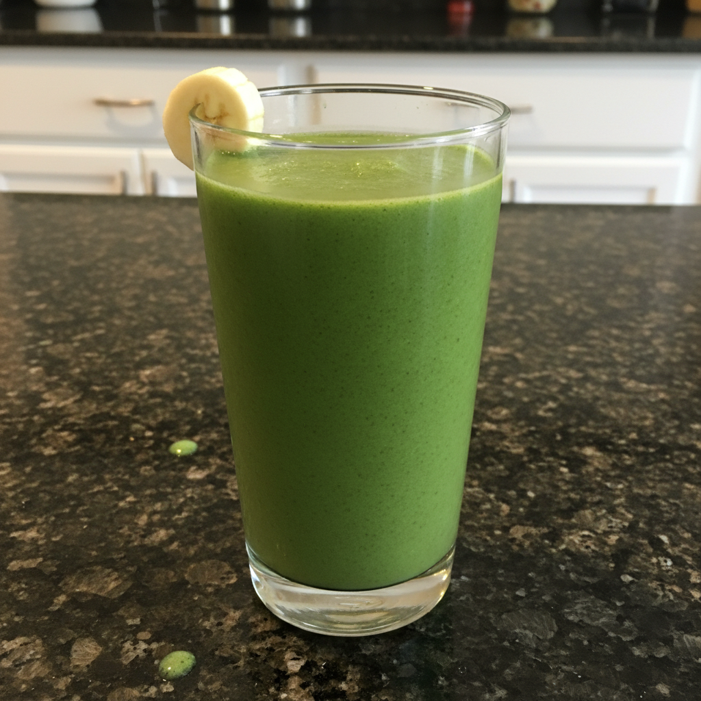 Ultimate Spinach Banana Smoothie: Featuring a Zesty Ginger-Lime Twist! 2 A vibrant green spinach banana smoothie in a tall glass with a straw, ready to drink.