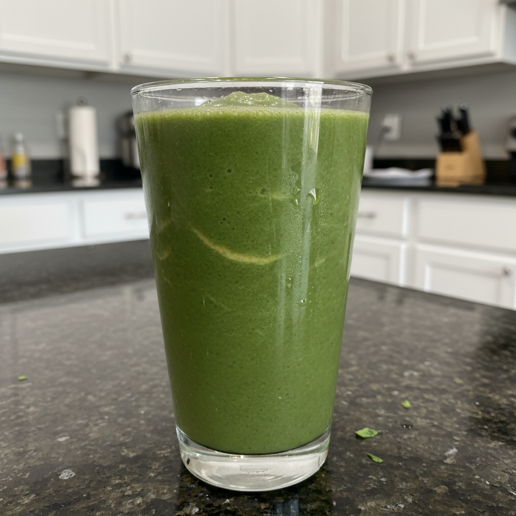 Creamy Spinach Banana Smoothie with Greek Yogurt 2 A vibrant green spinach banana smoothie in a clear glass with a straw, garnished with a banana slice.