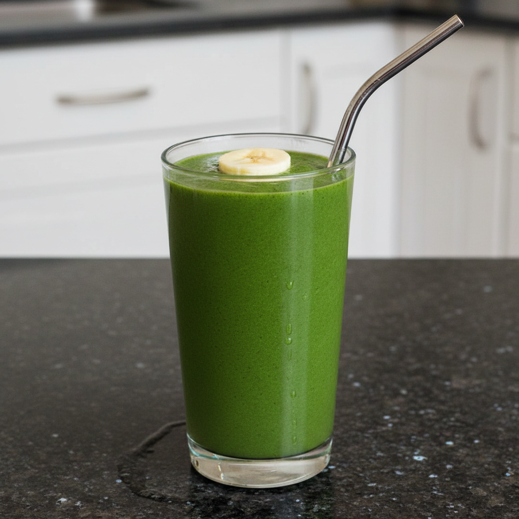 Spinach Banana Smoothie: Creamy, No Spinach Taste & Healthy! 2 A vibrant green Spinach Banana Smoothie in a tall glass with a straw, garnished with a fresh mint leaf on a light background.