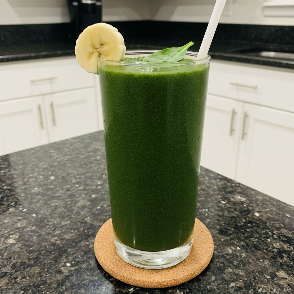Best Spinach Banana Smoothie: Ultra-Creamy & Healthy Recipe 2 A vibrant green spinach banana smoothie in a tall glass with a straw, garnished with a banana slice.