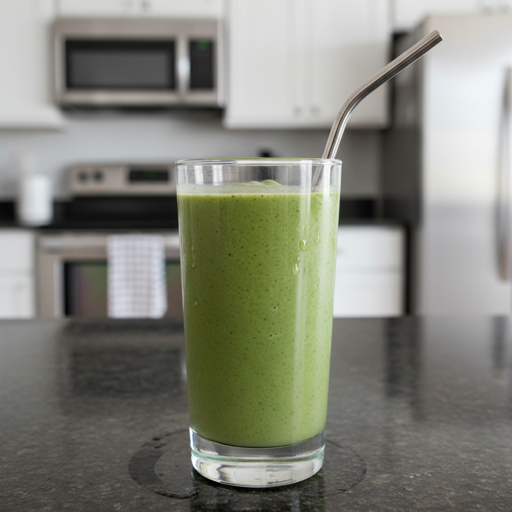 Creamy Spinach Banana Smoothie: Your Daily Healthy Boost 2 A vibrant green spinach banana smoothie served in a tall glass with a straw, ready to be enjoyed.