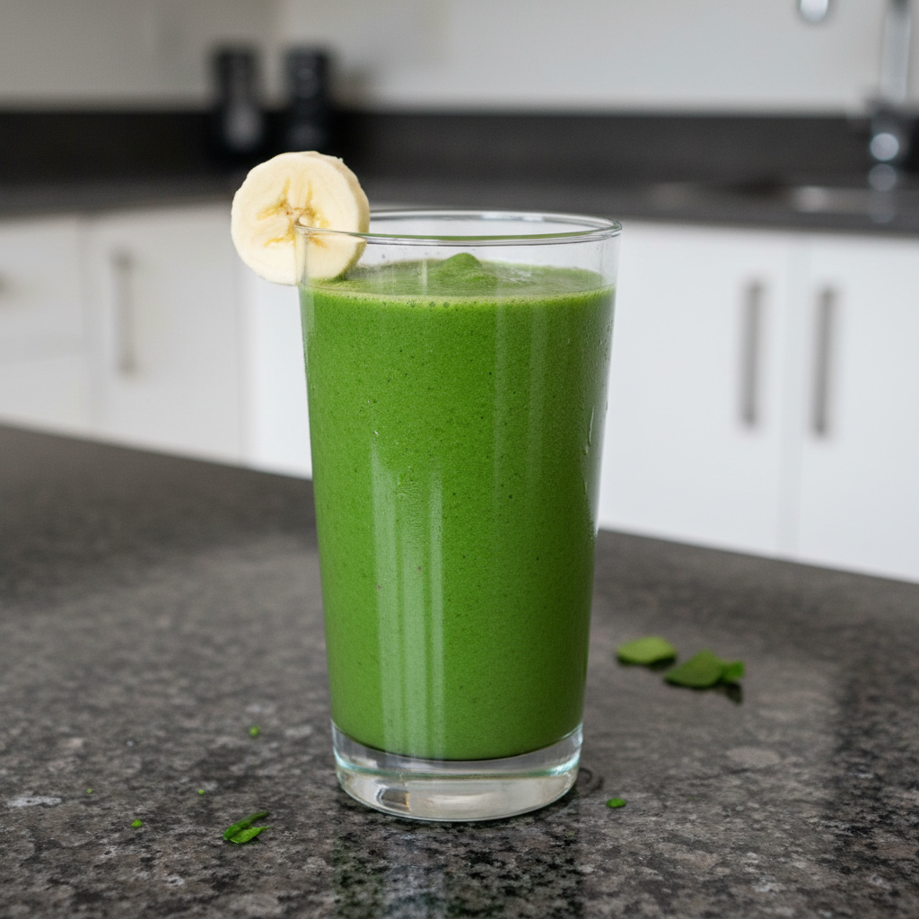 Vibrant Spinach Banana Smoothie: Zesty Lemon-Ginger Twist! 2 A vibrant green spinach banana smoothie in a tall glass with a straw, garnished with a slice of banana.