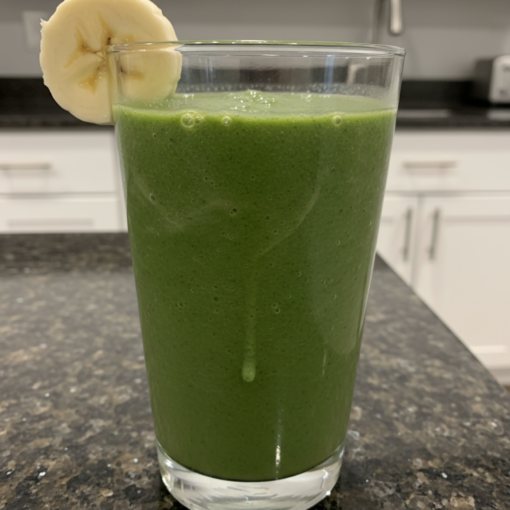 Spinach Banana Smoothie 2 A vibrant green spinach banana smoothie in a tall glass with a straw, garnished with a banana slice.