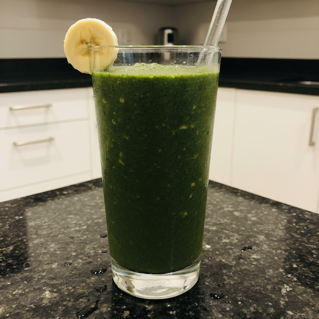 Spinach Banana Smoothie: The Ginger-Lime Secret to Delicious Health 2 A vibrant green Spinach Banana Smoothie in a clear glass, garnished with a slice of banana and a straw.