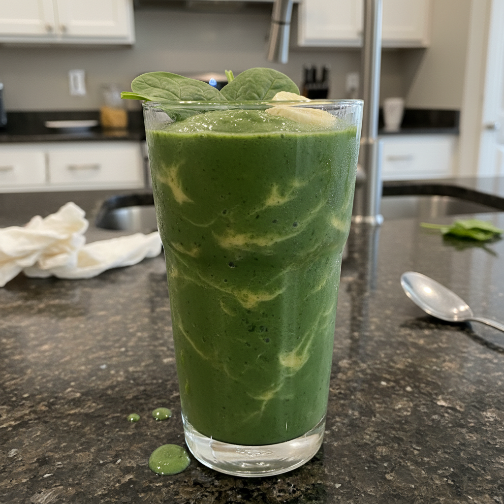 Spinach Banana Smoothie 2 A vibrant green spinach banana smoothie in a tall glass with a straw, garnished with a banana slice.