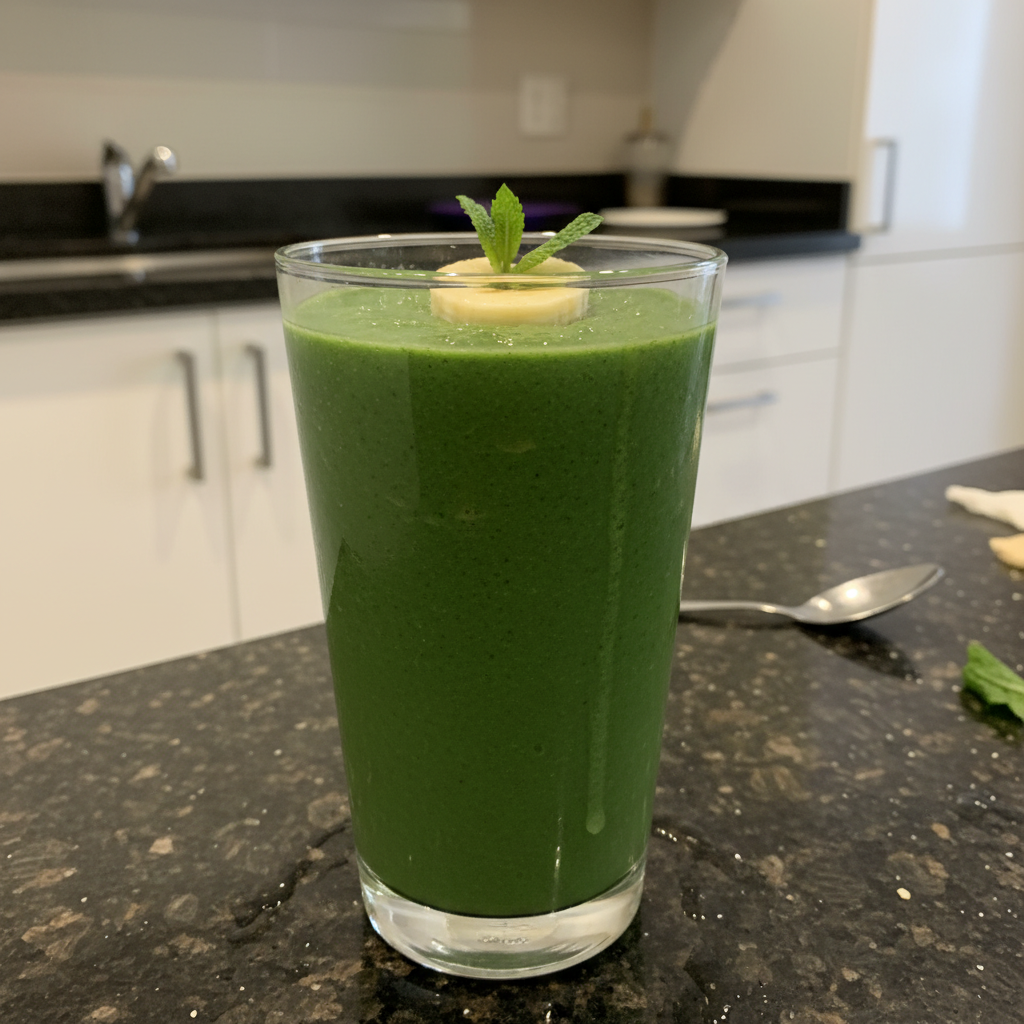 Spinach Banana Smoothie: Your Creamy, Protein-Packed Power Boost 2 A vibrant green spinach banana smoothie in a tall glass with a straw, garnished with a fresh banana slice.