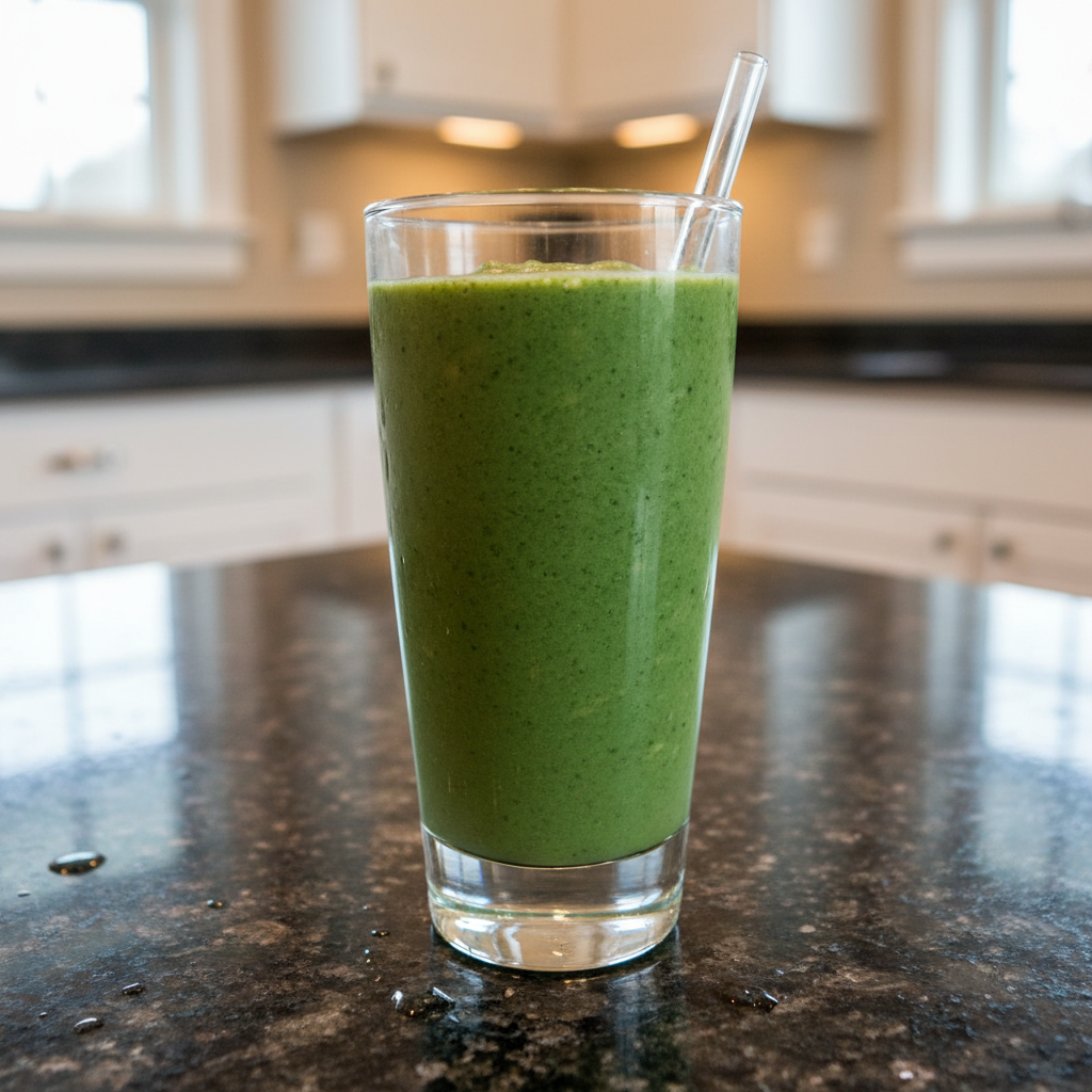 Spinach Banana Smoothie: Creamy, Healthy & No Grassy Taste! 2 A vibrant green Spinach Banana Smoothie in a tall glass, garnished with a banana slice and fresh spinach leaves.