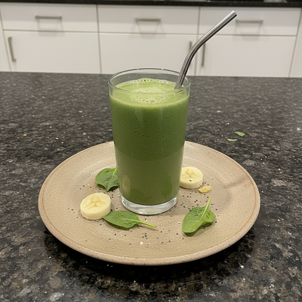 Spinach Banana Smoothie: The Ginger-Lime Boost for Energy 2 A vibrant green spinach banana smoothie in a clear glass, garnished and ready to enjoy.