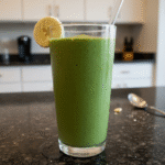 A vibrant green spinach banana smoothie in a tall glass with a straw, garnished with fresh mint on a light background.