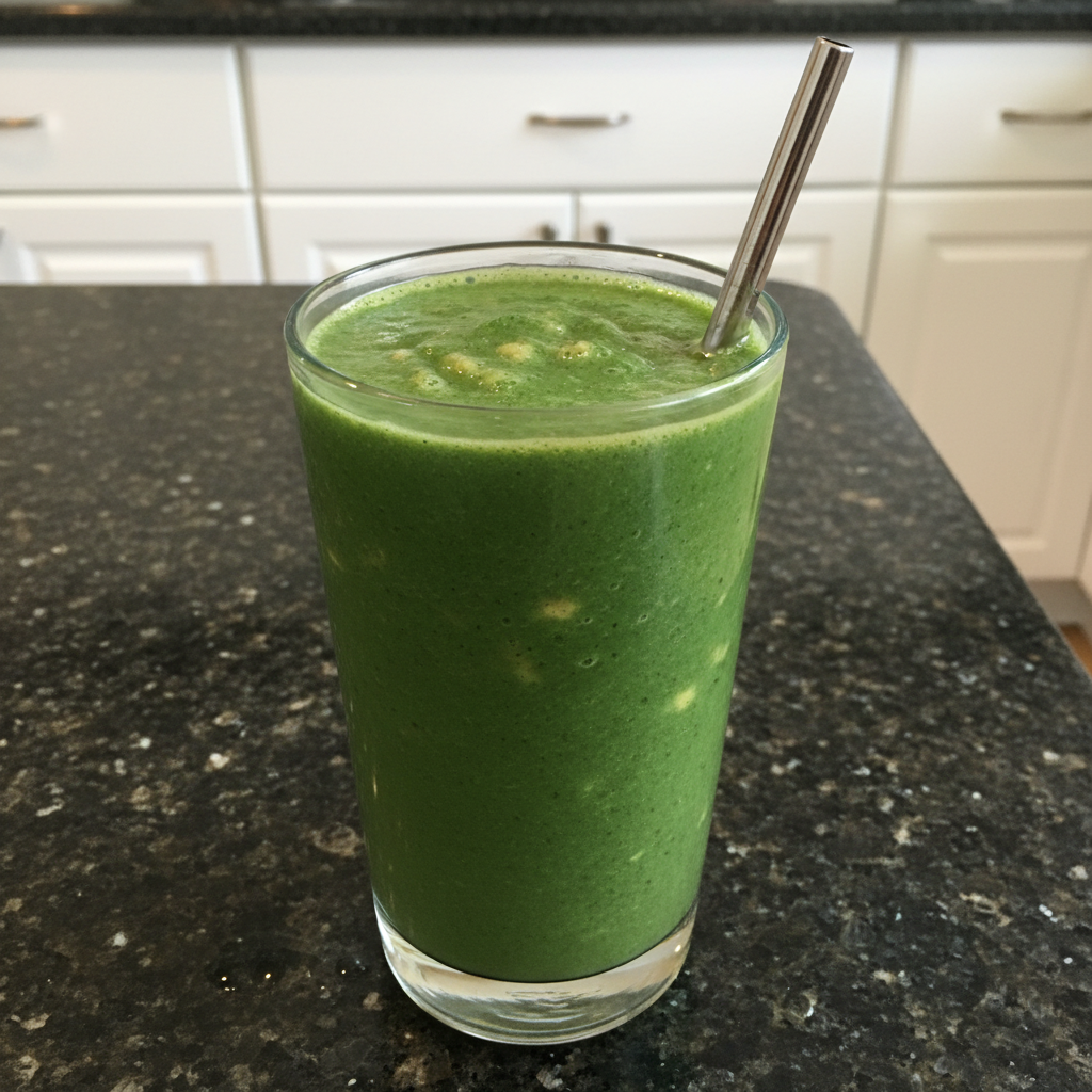 Spinach Banana Smoothie: The Ginger & Pepper Secret for a Healthier Blend 2 A vibrant green spinach banana smoothie in a tall glass with a straw, garnished with a banana slice.