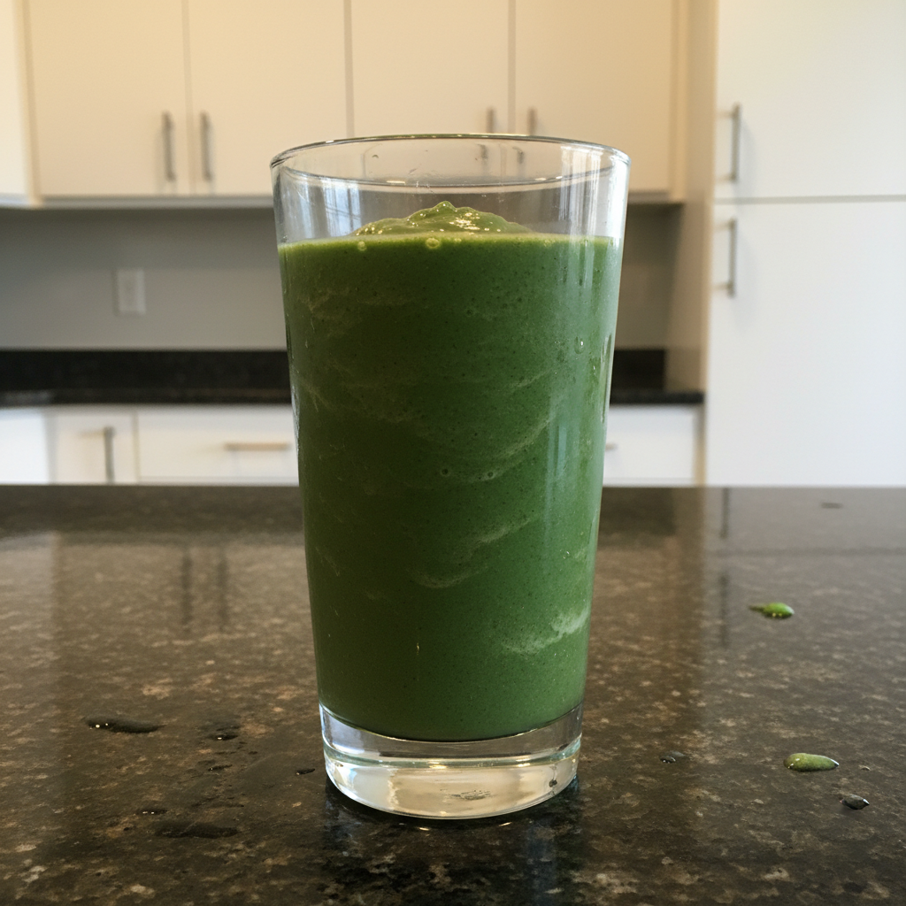 Spiced Spinach Banana Smoothie: Healthy & Creamy Boost 2 A vibrant green spinach banana smoothie in a clear glass, garnished and ready to drink.