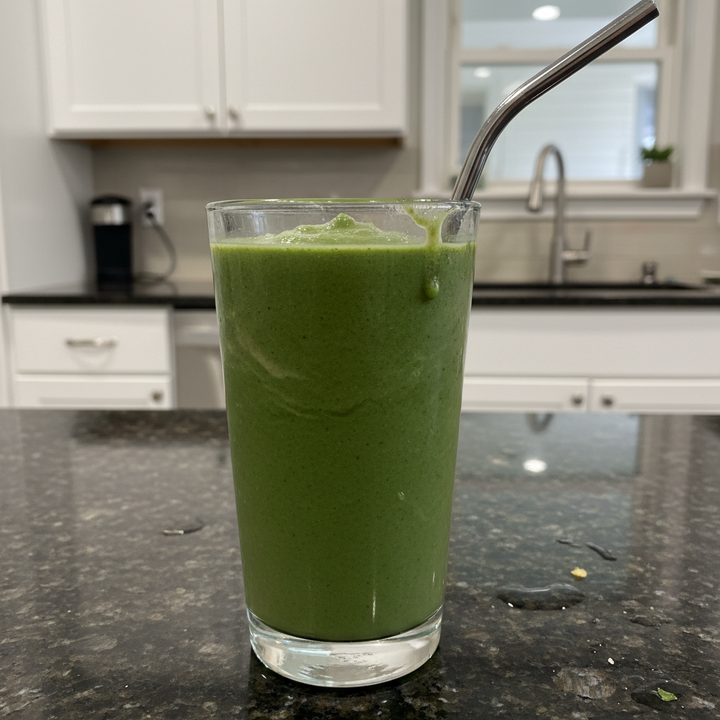 Boosted Spinach Banana Smoothie 2 A vibrant green spinach banana smoothie in a tall glass, garnished with a banana slice.