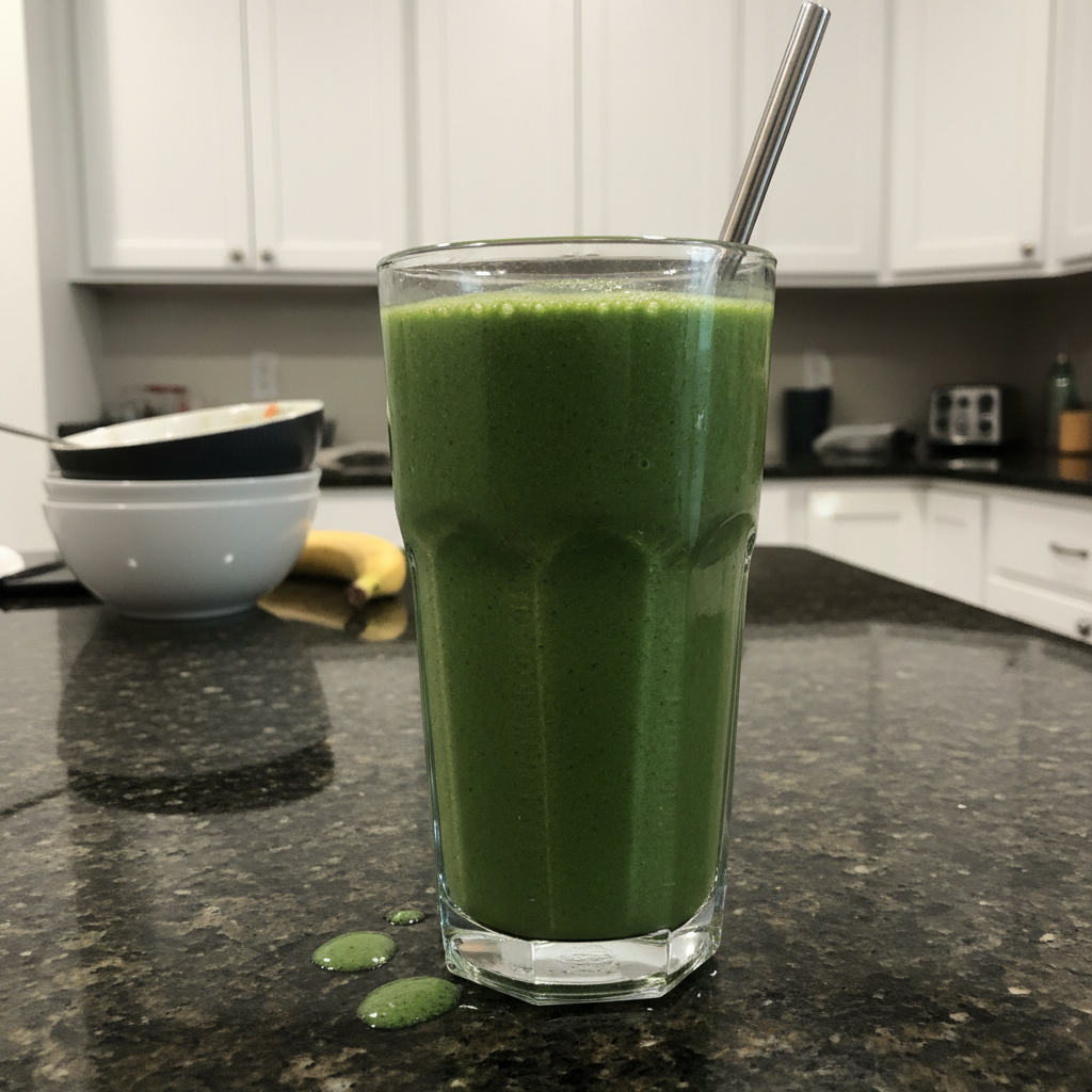 Creamy Spinach Banana Smoothie with Greek Yogurt & Ginger 2 A vibrant green spinach banana smoothie in a tall glass with a straw, ready to enjoy.