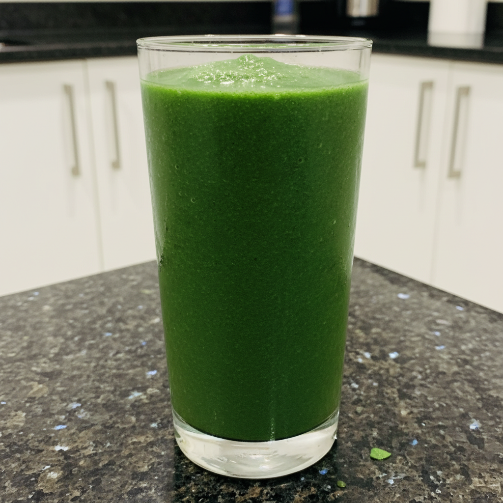 Spinach Banana Smoothie: The Zesty Ginger Turmeric Twist 2 A vibrant green spinach banana smoothie in a tall glass, garnished with fresh mint and a straw.